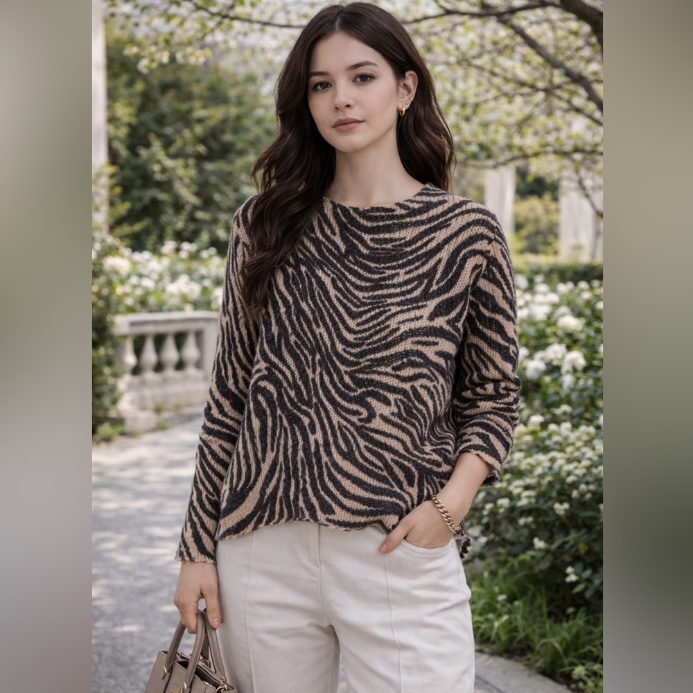 Skull Cashmere Beige Charcoal Knit Sweater Light Quiet Luxury Animal print Small